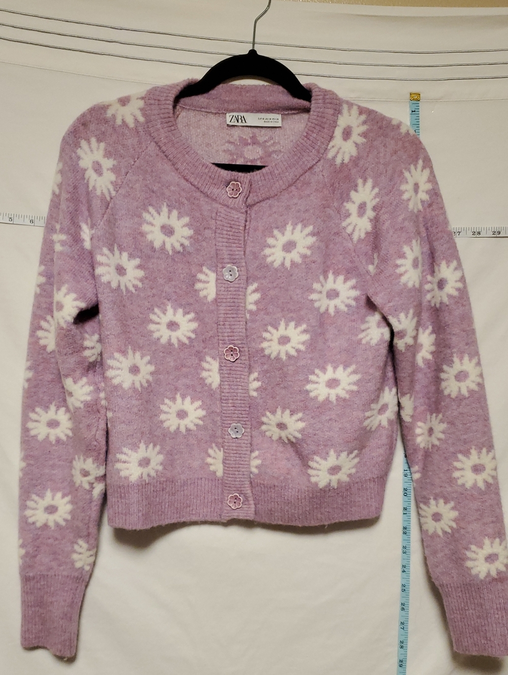 Zara Lavendar Lilac Knit Cardigan Sweater Daisies Med Poly Wool Alpaca Blend